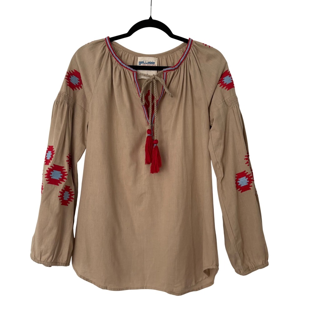 Gallabia Urban Casual Kaftan Tan Cotton Embroidered Peasant Blouse Tassels Small